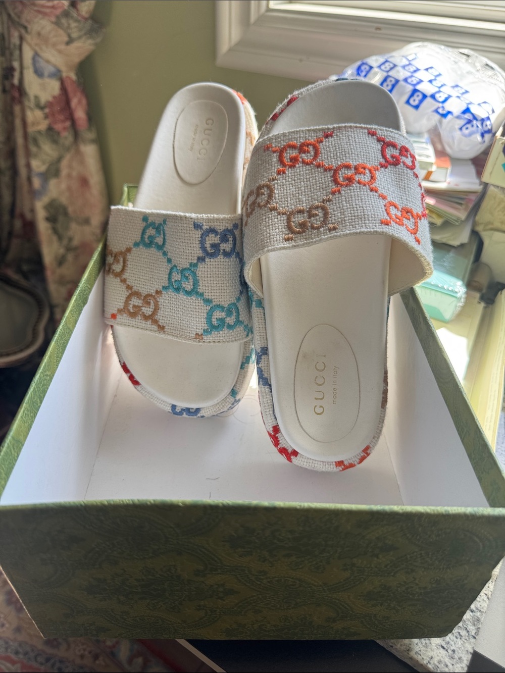 Gucci White Canvas Slide Mules with Multicolor GG Motif